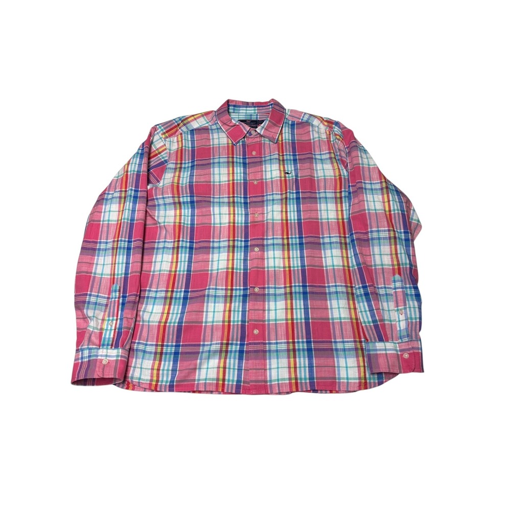 Vineyard Vines Classic Fit Whale Shirt XXL Pink Blue Plaid Button Down Cotton
